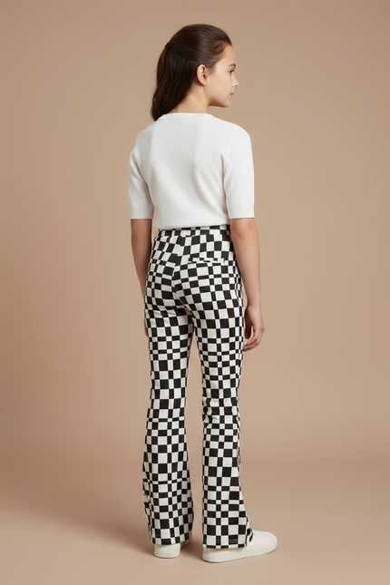 Pantalon Fluide Évasé Carreaux Noir Blanc Fille - Imprimé Maille - vue 2