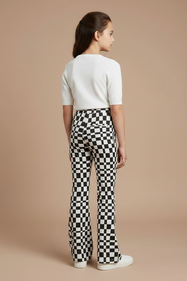 Pantalon Fluide Évasé Carreaux Noir Blanc Fille - Imprimé Maille - vue 2