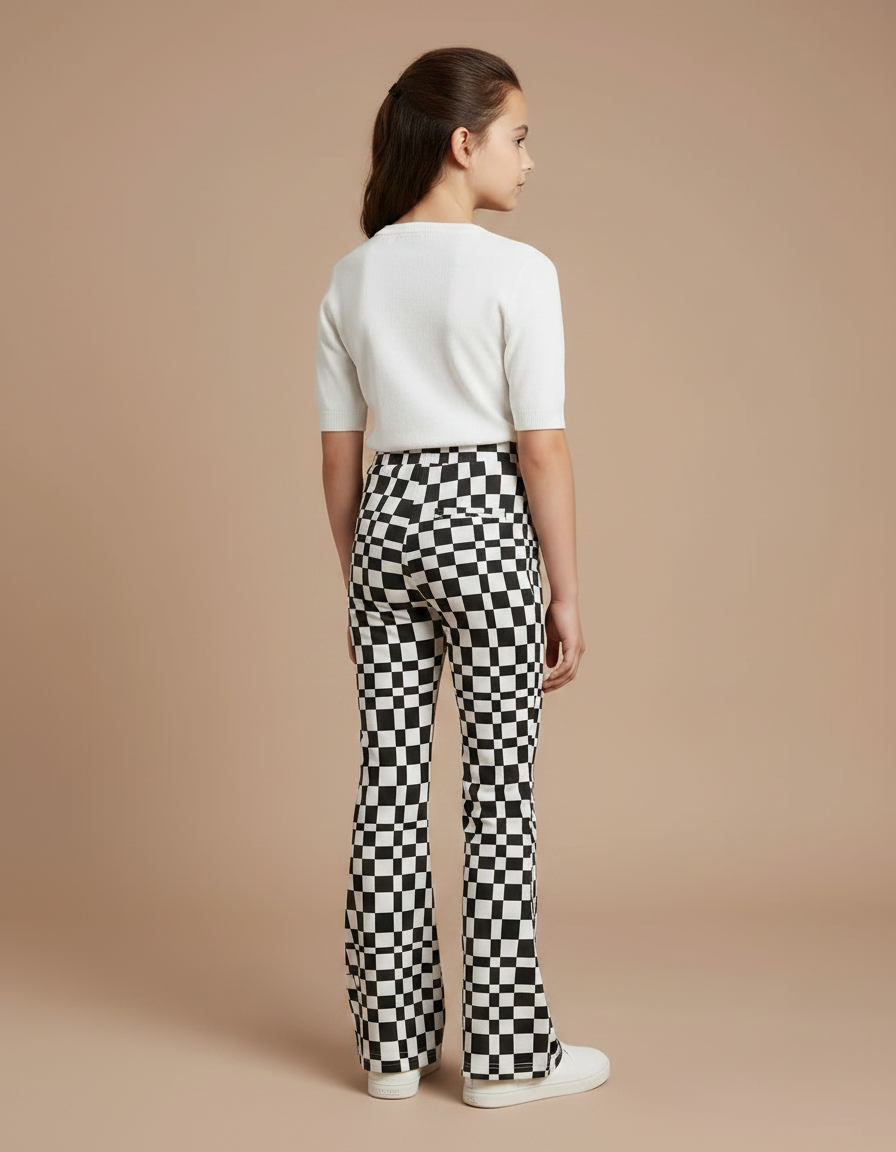 Pantalon Fluide Évasé Carreaux Noir Blanc Fille - Imprimé Maille - vue 2