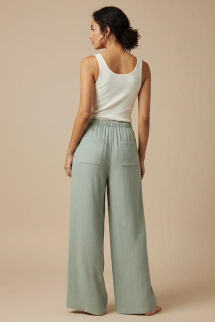 Pantalon Fluide Vert Ample Coton Léger Confortable - vue 2