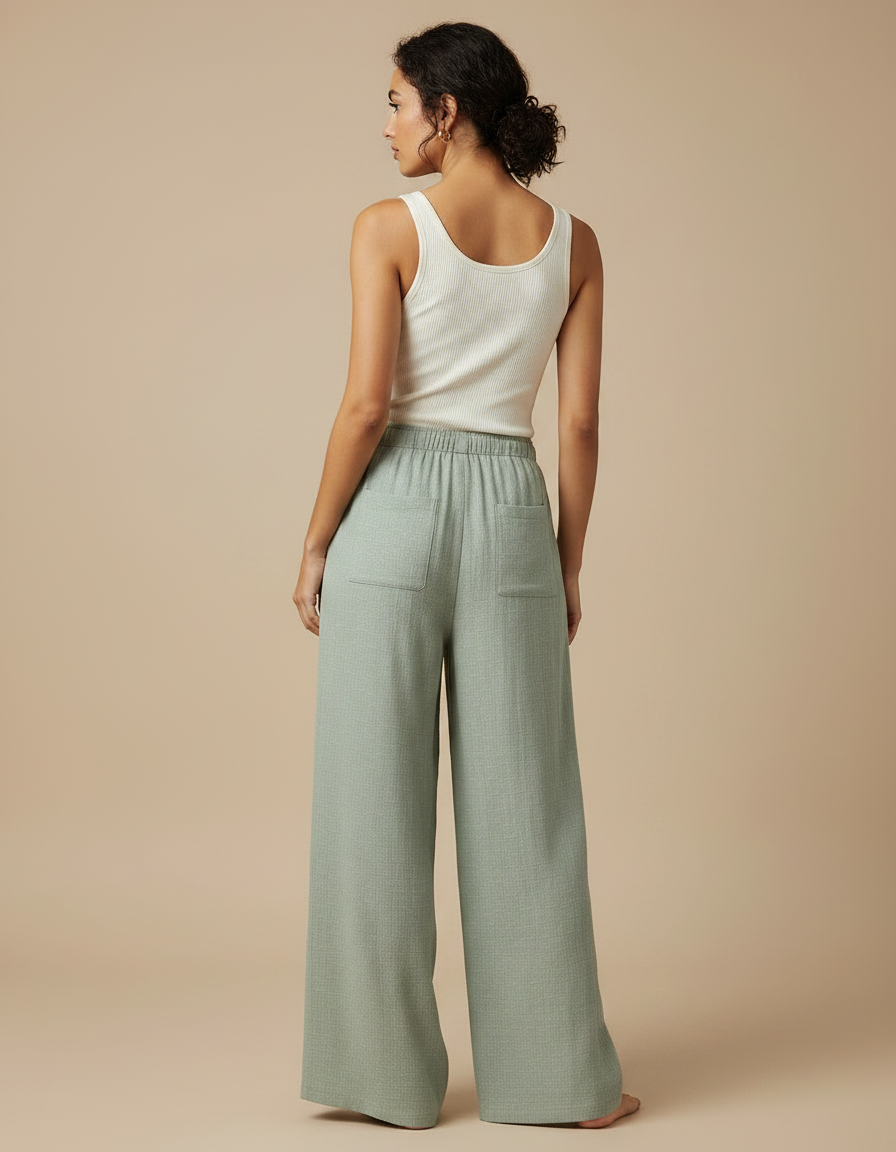 Pantalon Fluide Vert Ample Coton Léger Confortable - vue 2