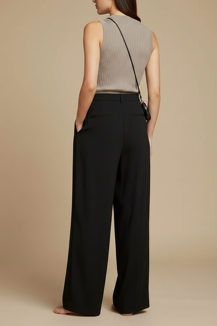 Pantalon Fluide Noir Ample Plissé Décontracté Femme - Viscose - vue 2