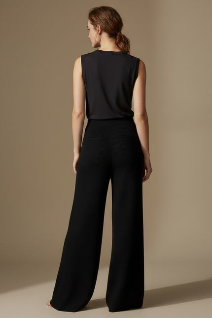 Pantalon Fluide Noir Ample Maille Côtelée Élégant - vue 2