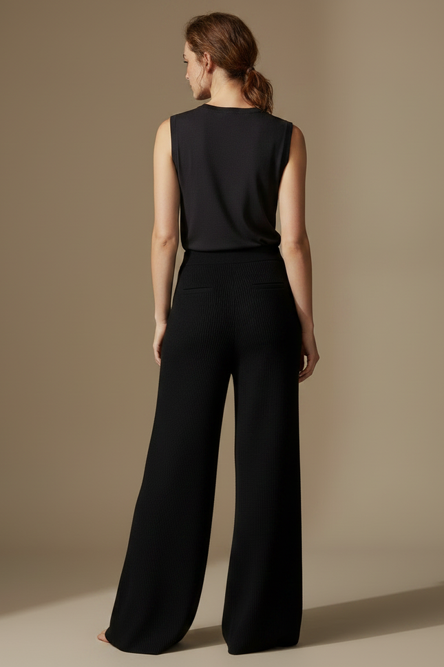 Pantalon Fluide Noir Ample Maille Côtelée Élégant - vue 2