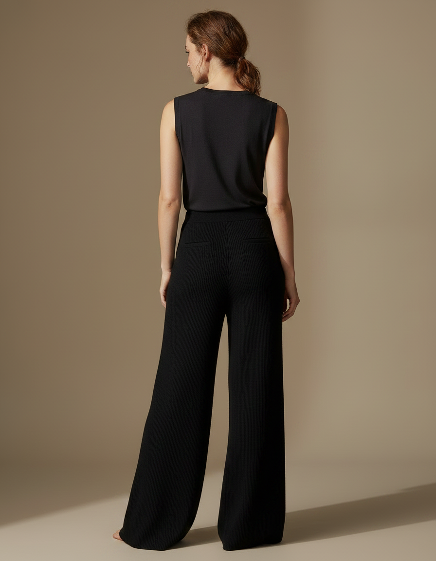 Pantalon Fluide Noir Ample Maille Côtelée Élégant - vue 2