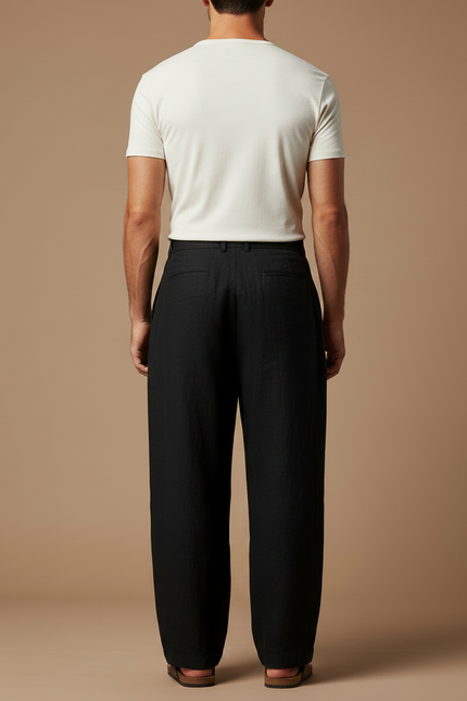 Pantalon Fluide Noir Ample Plissé Lin Homme Décontracté - vue 2