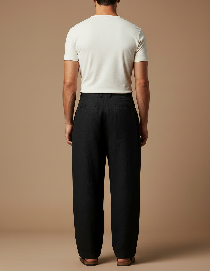 Pantalon Fluide Noir Ample Plissé Lin Homme Décontracté - vue 2