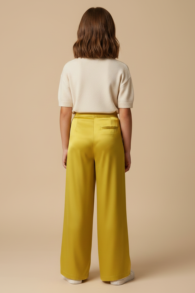 Pantalon Fluide Jaune Satiné Ample Plissé Élégant - vue 2