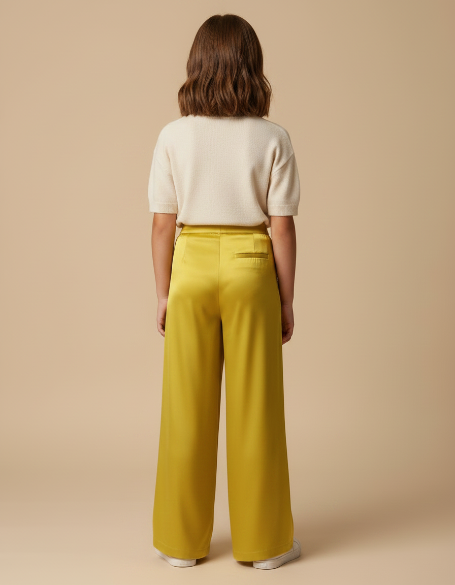 Pantalon Fluide Jaune Satiné Ample Plissé Élégant - vue 2