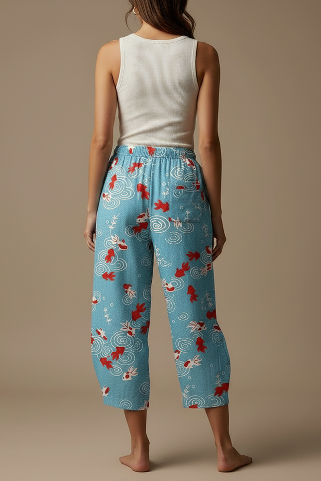 Pantalon Fluide Bleu Ciel Imprimé Poissons Ample Décontracté - Viscose - vue 2