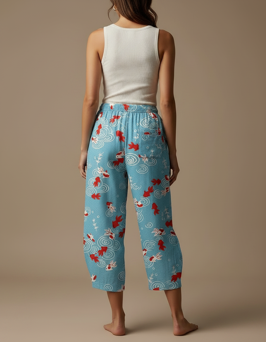 Pantalon Fluide Bleu Ciel Imprimé Poissons Ample Décontracté - Viscose - vue 2