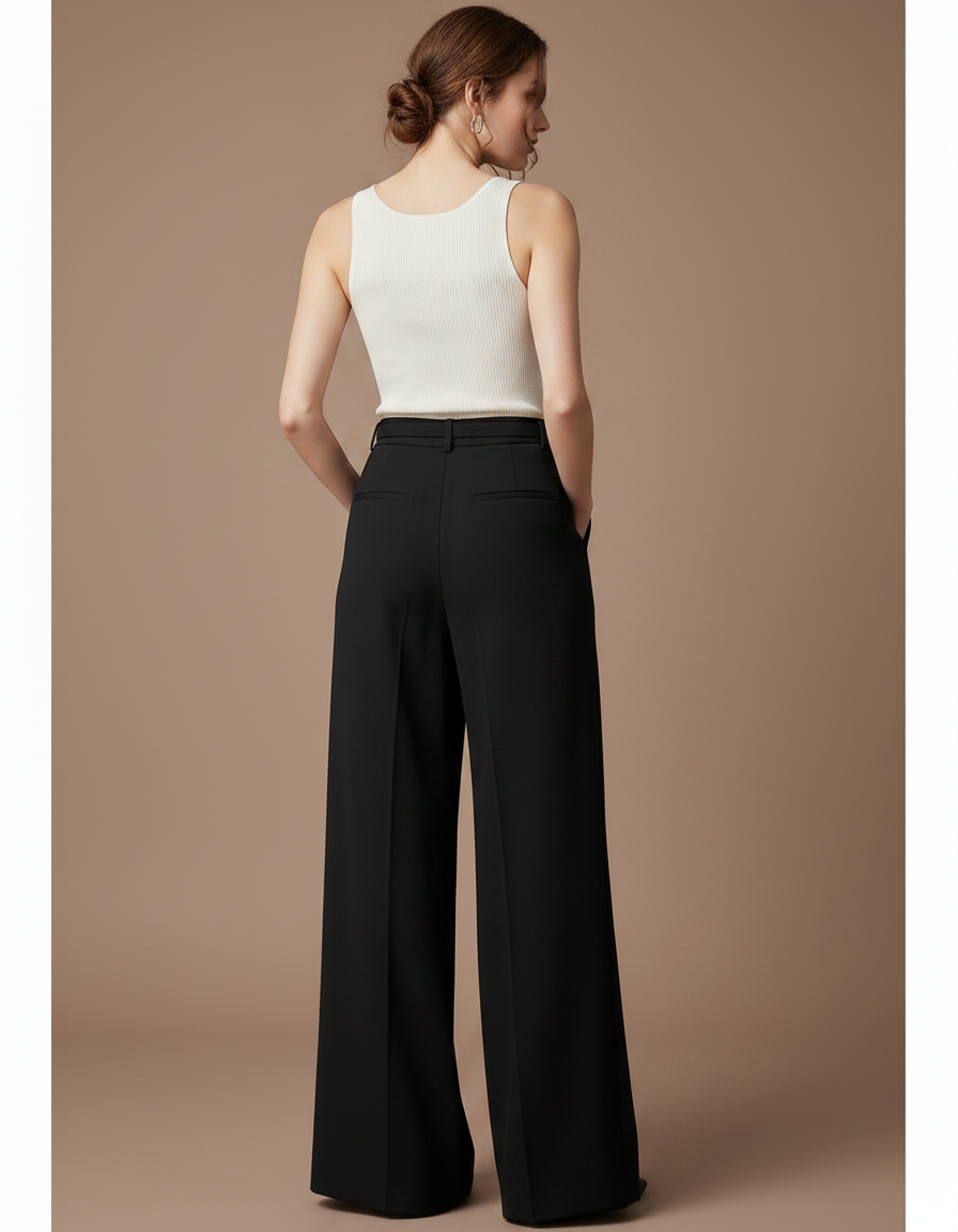 Pantalon Fluide Noir Ample Taille Haute Élégant - Polyester - vue 2