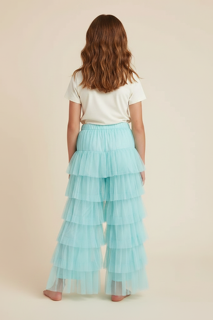 Pantalon Fluide Tulle Volants Ample Bleu Ciel Fille - Polyester - vue 2