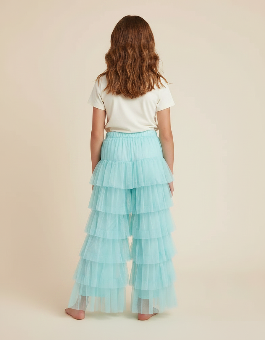 Pantalon Fluide Tulle Volants Ample Bleu Ciel Fille - Polyester - vue 2