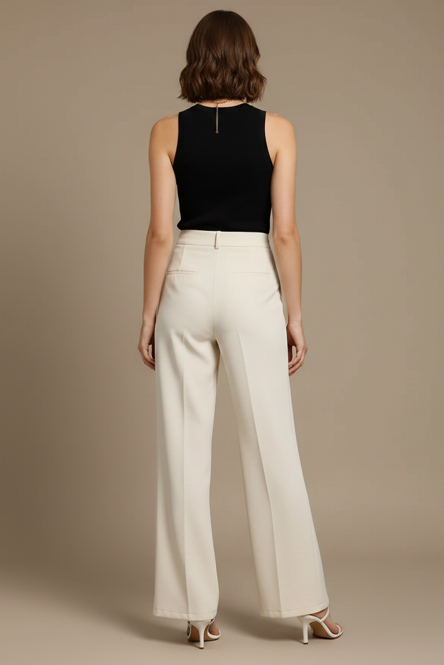 Pantalon Fluide Écru Taille Haute Boutons Dorés Fendu - Beige Polyester - vue 2