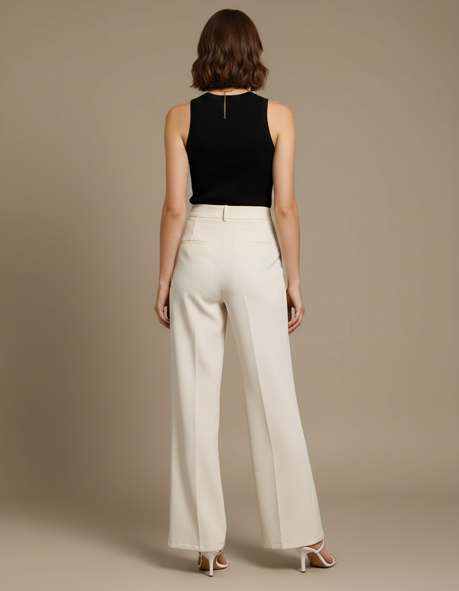 Pantalon Fluide Écru Taille Haute Boutons Dorés Fendu - Beige Polyester - vue 2