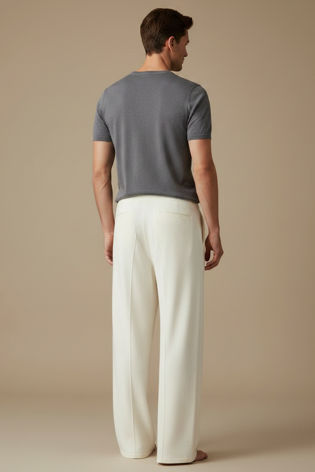 Pantalon Fluide Crème Ample Tricoté Décontracté Homme - Beige Maille - vue 2