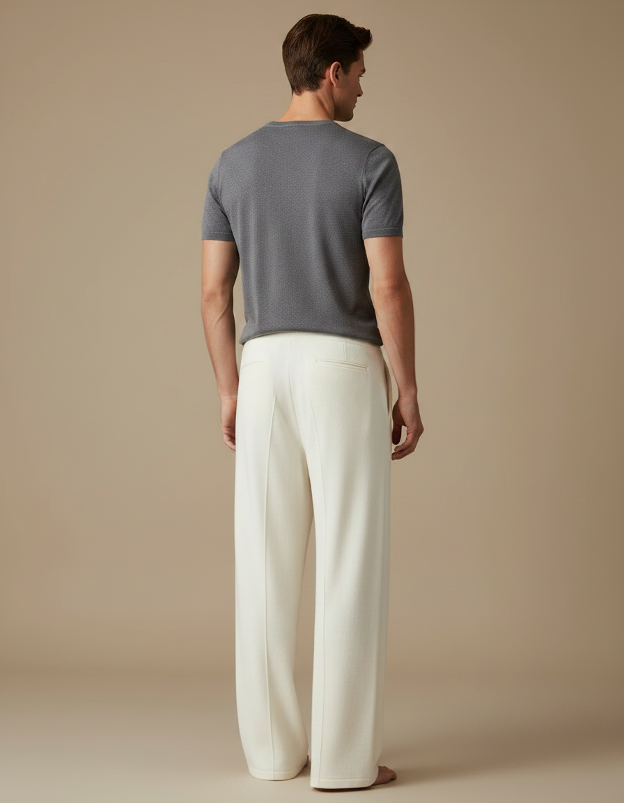 Pantalon Fluide Crème Ample Tricoté Décontracté Homme - Beige Maille - vue 2