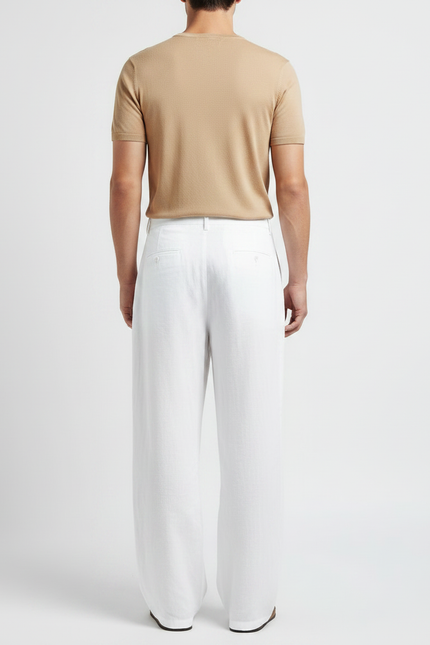 Pantalon Fluide Blanc Ample Plissé Lin Homme Décontracté - vue 2