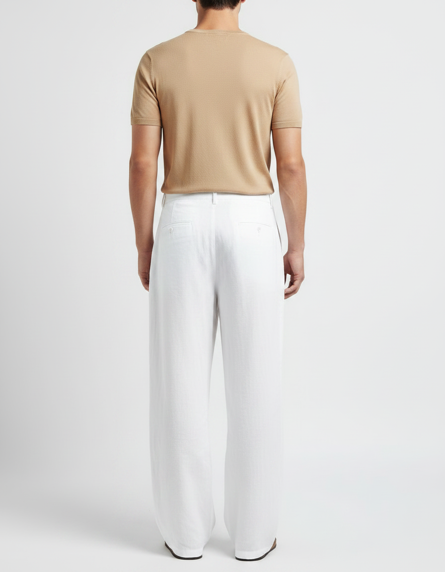 Pantalon Fluide Blanc Ample Plissé Lin Homme Décontracté - vue 2
