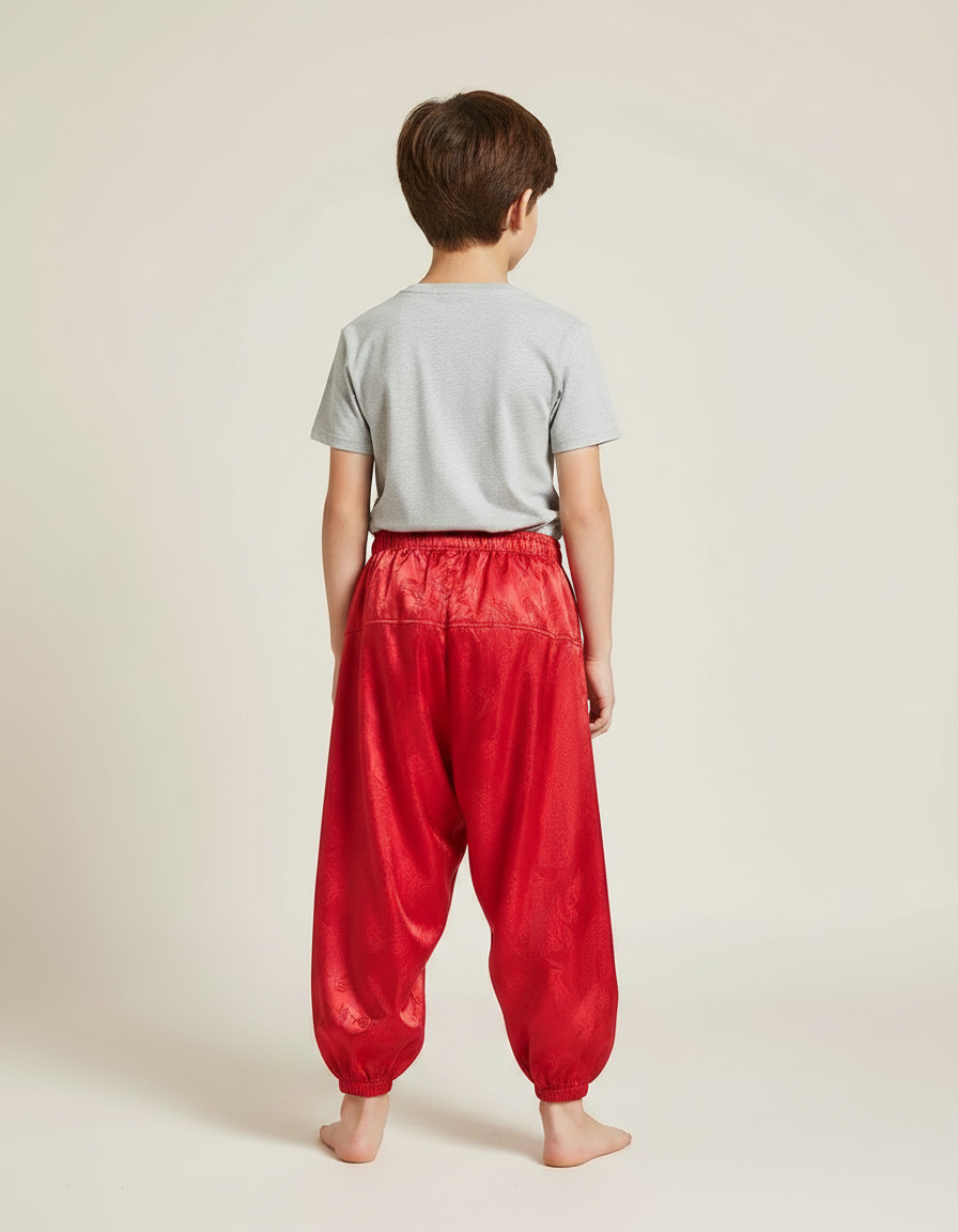 Pantalon Fluide Rouge Satiné Ample Dragon Garçon - vue 2