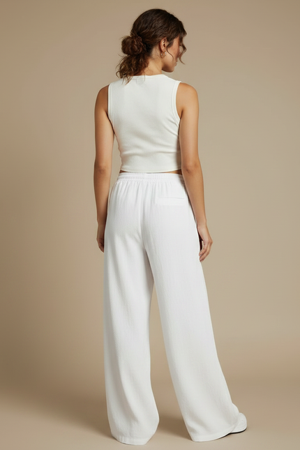 Pantalon Fluide Blanc Ample Cordon Décontracté - Lin - vue 2