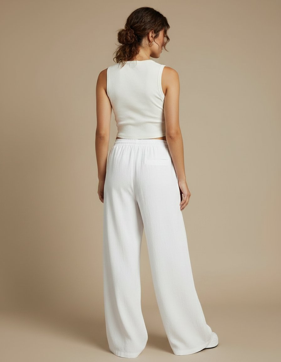 Pantalon Fluide Blanc Ample Cordon Décontracté - Lin - vue 2