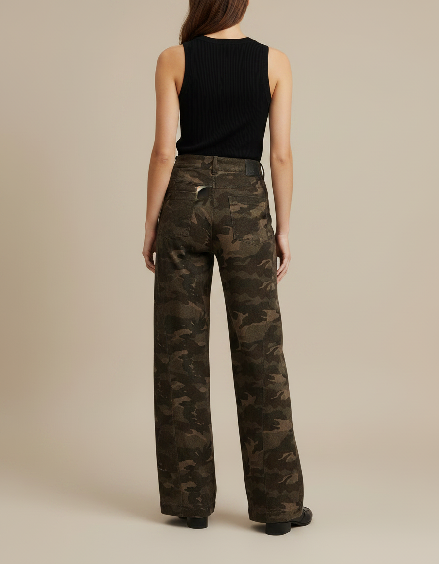 Pantalon Fluide Camouflage Vert Militaire Ample Confortable - Kaki Coton - vue 2