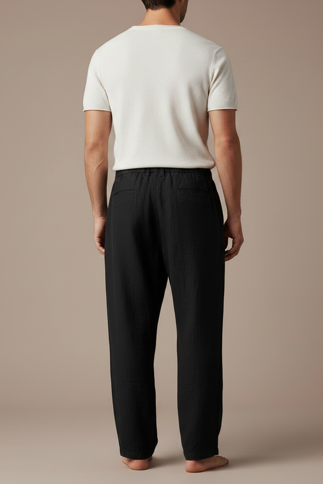 Pantalon Fluide Noir Ample Lin Homme Décontracté Cordon - vue 2