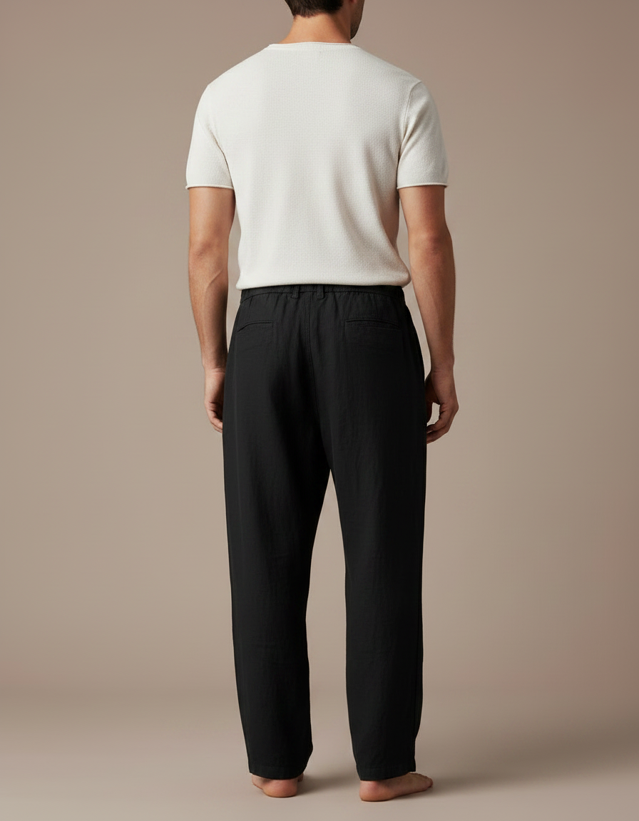 Pantalon Fluide Noir Ample Lin Homme Décontracté Cordon - vue 2