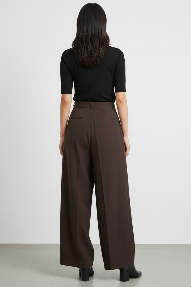 Pantalon Fluide Marron Ample Plissé Élégant - Polyester - vue 2