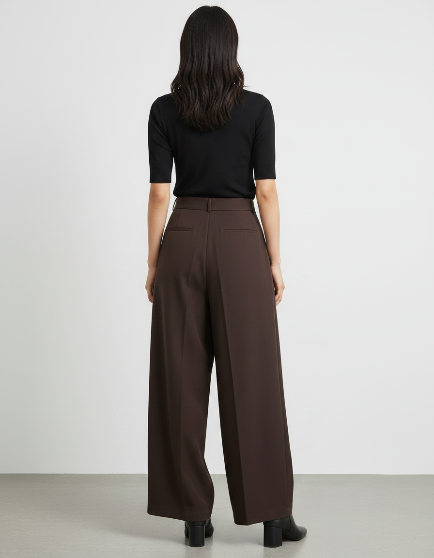 Pantalon Fluide Marron Ample Plissé Élégant - Polyester - vue 2