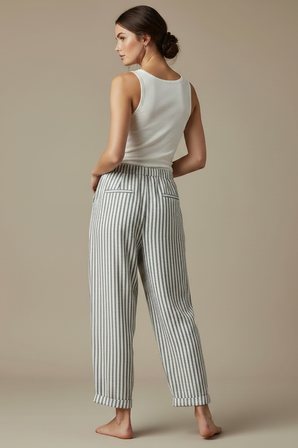 Pantalon Fluide Rayé Ample Taille Élastique Coton Lin - Imprimé - vue 2