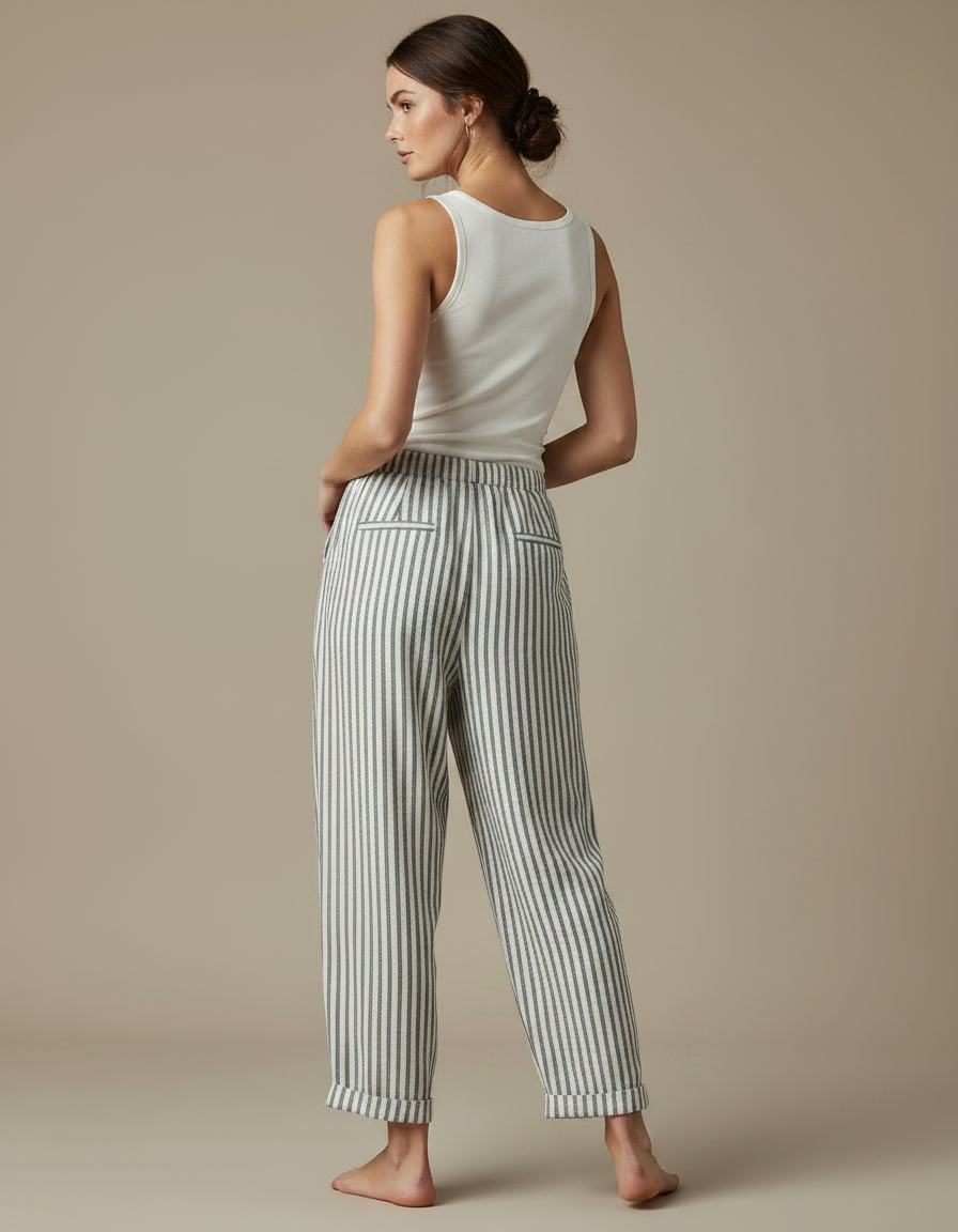 Pantalon Fluide Rayé Ample Taille Élastique Coton Lin - Imprimé - vue 2