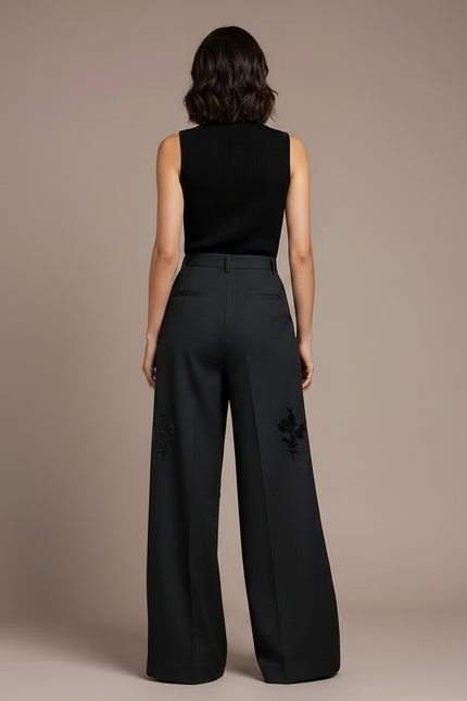 Pantalon Fluide Noir Ample Brodé Paillettes Rayé - Viscose - vue 2