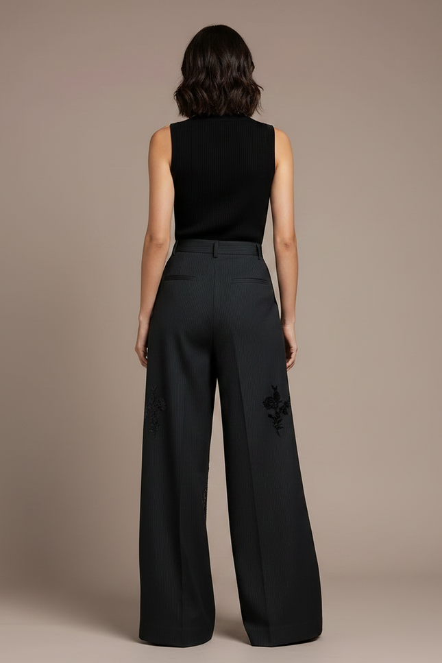 Pantalon Fluide Noir Ample Brodé Paillettes Rayé - Viscose - vue 2