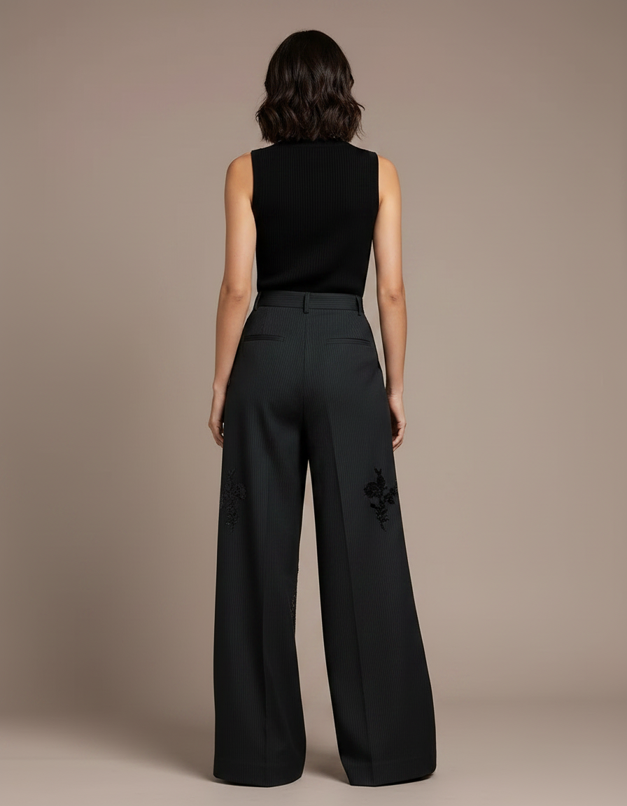 Pantalon Fluide Noir Ample Brodé Paillettes Rayé - Viscose - vue 2