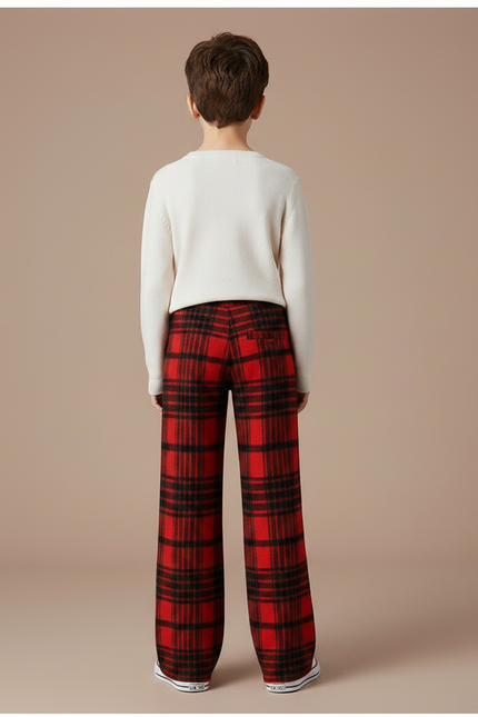 Pantalon Fluide Rouge Carreaux Écossais Laine Ample - vue 2