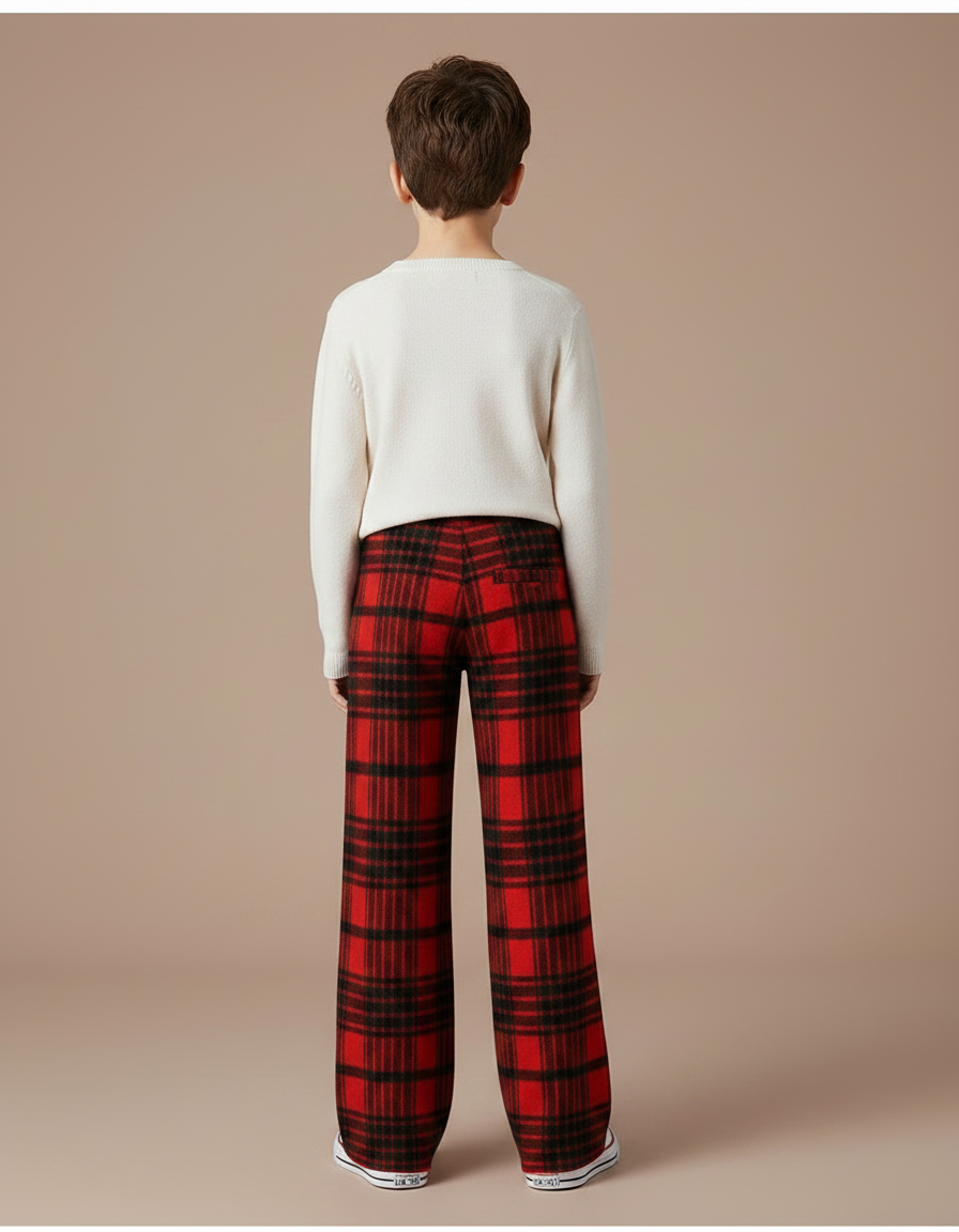 Pantalon Fluide Rouge Carreaux Écossais Laine Ample - vue 2