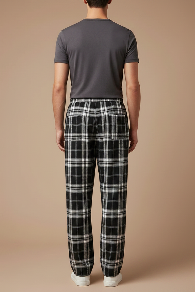 Pantalon Fluide Carreaux Noir Blanc Ample Homme - Multicolore Laine - vue 2