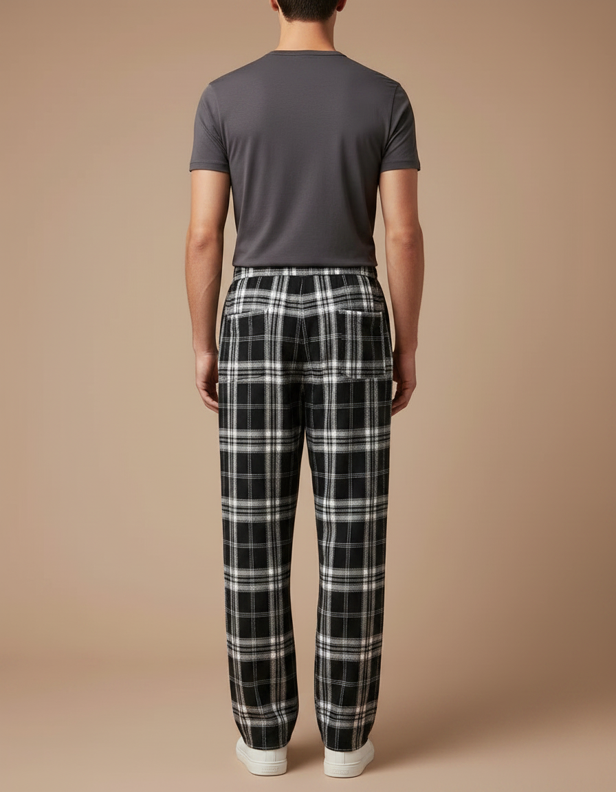 Pantalon Fluide Carreaux Noir Blanc Ample Homme - Multicolore Laine - vue 2