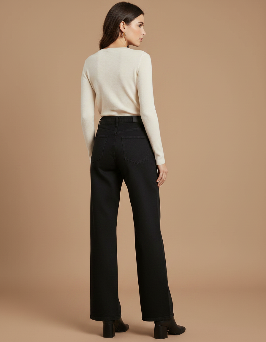 Pantalon Fluide Noir Ample Taille Haute Jean Large - vue 2