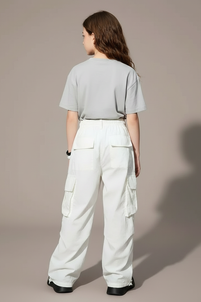 Pantalon Fluide Blanc Ample Cargo Décontracté Enfant - Polyester - vue 2