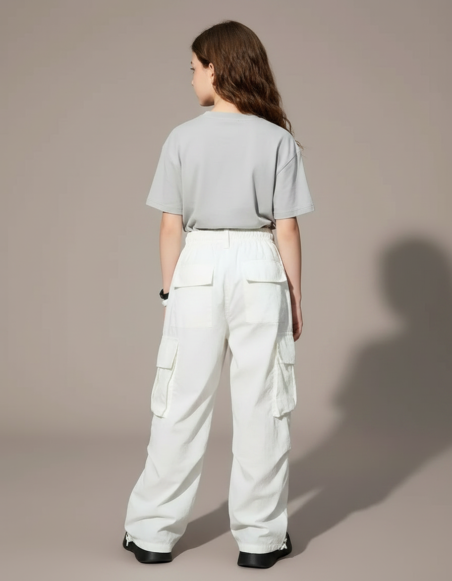 Pantalon Fluide Blanc Ample Cargo Décontracté Enfant - Polyester - vue 2