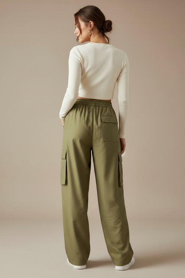 Pantalon Fluide Kaki Ample Cargo Taille Haute - Polyester - vue 2