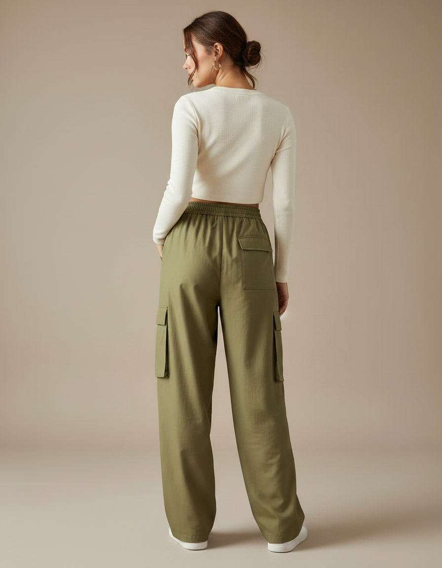 Pantalon Fluide Kaki Ample Cargo Taille Haute - Polyester - vue 2