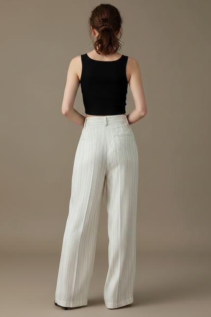 Pantalon Fluide Blanc Rayé Ample Taille Haute Élégant - Lin - vue 2