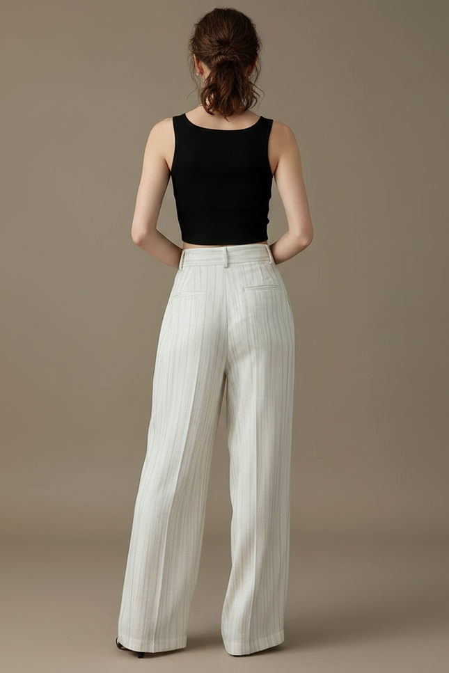 Pantalon Fluide Blanc Rayé Ample Taille Haute Élégant - Lin - vue 2