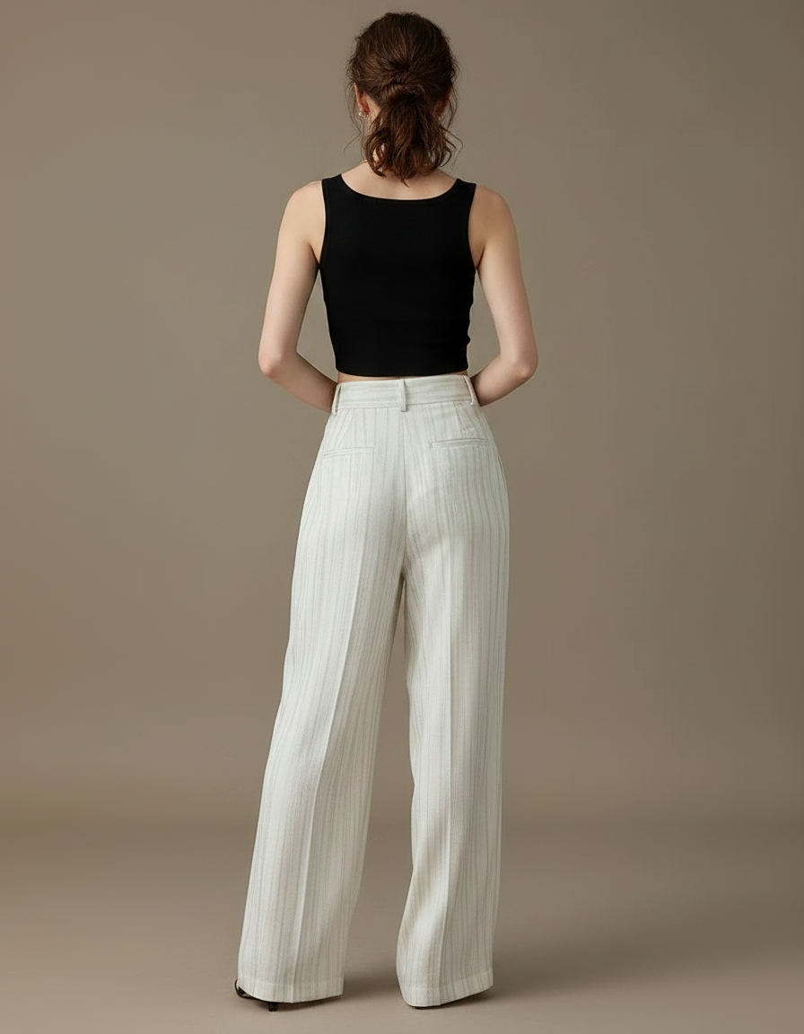 Pantalon Fluide Blanc Rayé Ample Taille Haute Élégant - Lin - vue 2