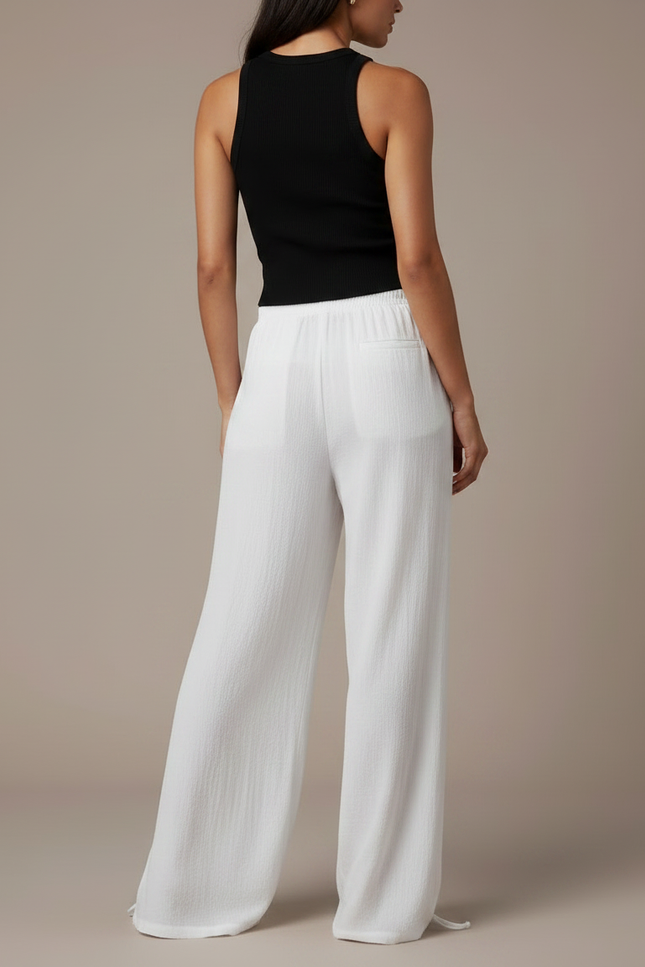 Pantalon Fluide Blanc Ample Coton Lin Femme - vue 2